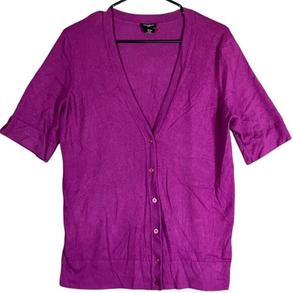 Ann Taylor Womens Sweater Purple V Neck Cardigan Button Down Short Sleeve L - Picture 1 of 12
